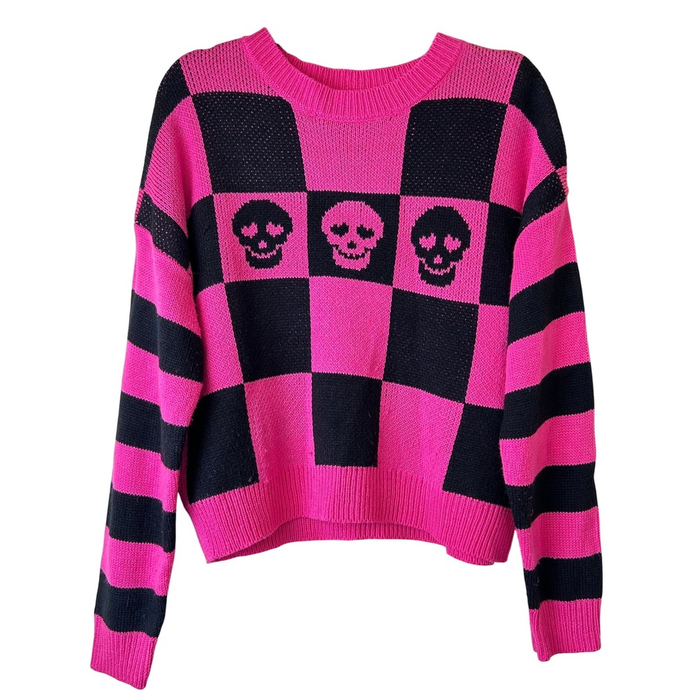 No Boundaries Skull Sweater Womens Pink Black Emo Scene Goth Y2K Grunge M L